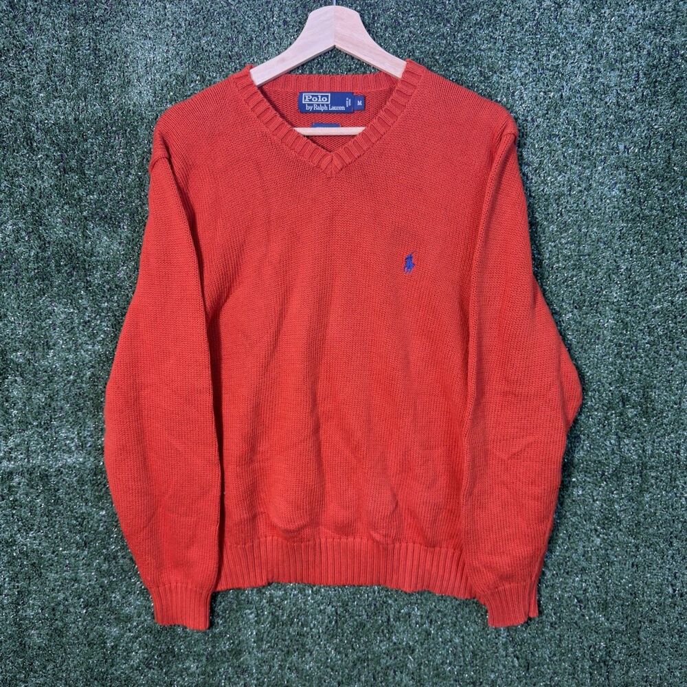 Vintage Polo Ralph Lauren Sweater Mens M Orange Knit Preppy V-Neck Pony Cotton